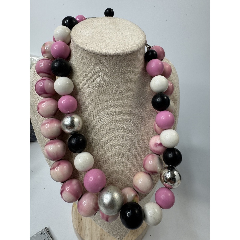 Vintage Pink Black White Marbled Chunky Bead Multi Strand Statement Necklace